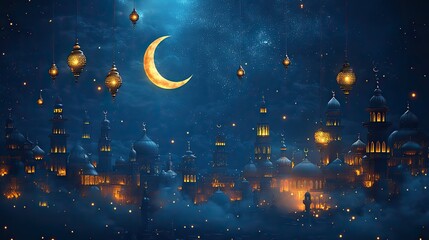 Poster - ramadan kareem blue banner with crescent moon and lanterns islamic greeting card for muslim holiday 