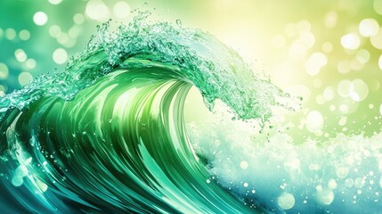 Poster - A lively green wave with droplets, set against a dreamy bokeh background, representing the beauty of water and nature in a vibrant, fresh context.