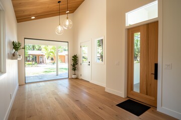 Poster - Bright and Airy Modern Home Foyer with Wooden Accents Vaulted Ceiling and Large Glass Doors Inviting Natural Light and Seamless Indoor Outdoor Flow