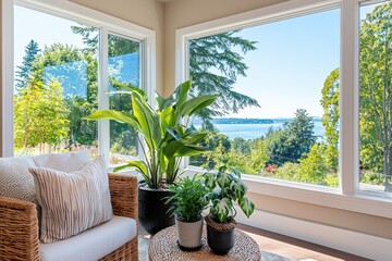 Poster - Serene interior with lush green plants wicker chair and a breathtaking view of the lake and trees through large windows