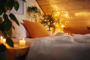 Aufkleber - Cozy bedroom interior with warm lighting and natural elements creating a relaxing and inviting atmosphere for rest and comfort in a peaceful home