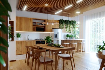 Poster - Bright kitchen interior with wooden furniture dining table green plants and natural light creating a cozy and inviting atmosphere for family meals