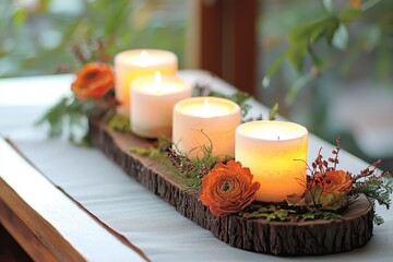 Aufkleber - Glowing Candles and Orange Flowers on Rustic Wooden Tray for Elegant Table Decoration and Cozy Home Ambiance with Natural Light