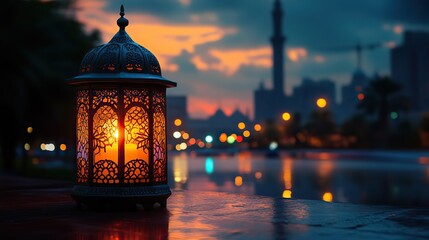 Poster - ramadan kareem traditional arabic lantern with candlelight in front of mosque at night