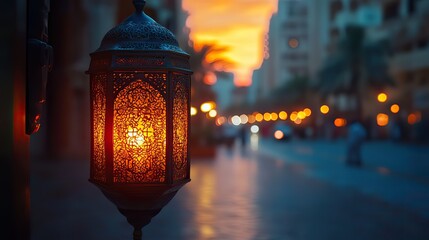 Poster - ramadan kareem traditional arabic lantern with candlelight in front of mosque at night