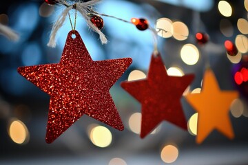 Poster - Festive Holiday Sparkle Hanging Star Ornaments Joyful Celebration Shimmering Red and Gold Stars Bokeh Background Christmas Decor Tradition