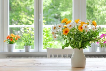 Poster - Charming bouquet of daisies and calendula in a white vase on a wooden table with a bright window background creating a serene and inviting atmosphere