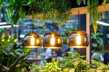 Aufkleber - Elegant Interior with Glowing Spherical Lamps and Lush Greenery Creating a Warm and Inviting Atmosphere with a Modern Touch and Natural Light