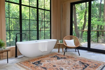Aufkleber - Serene bathroom retreat with freestanding tub overlooking lush green forest through large window natural light