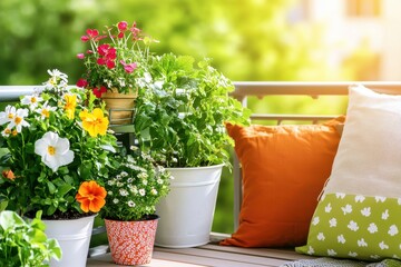 Poster - Balcony Garden Oasis with Vibrant Flowers and Cozy Pillows in a Sunny Outdoor Setting for Relaxation and Serenity