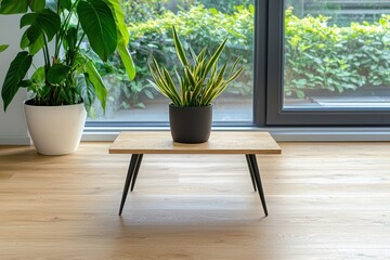 Poster - Serene interior featuring a snake plant in a black pot on a wooden table against a window backdrop creating a calm and inviting atmosphere
