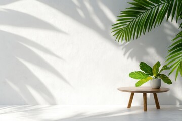 Poster - Serene indoor scene featuring a plant on a wooden table against a white wall with palm shadows casting a calming and minimalist ambiance