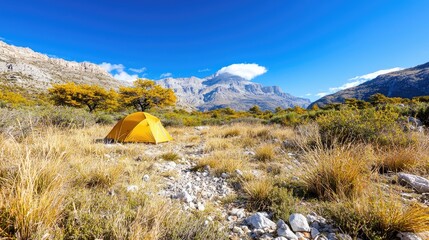 yellow tent in mountain valley, autumn. camping adventure, travel brochure