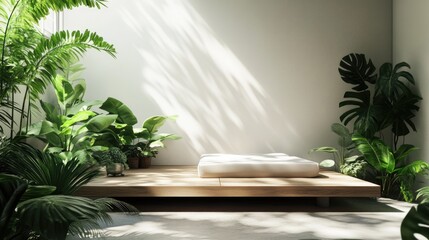Poster - A minimalist living space with a wooden platform bathed in sunlight, complemented by lush green plants, evoking a calming and natural atmosphere.