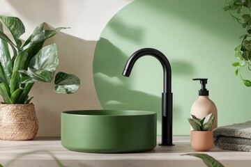 Poster - Serene bathroom interior with green sink black faucet and lush plants creating a calming spa atmosphere in soft light