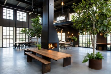 Aufkleber - Inviting Modern Interior with Warm Fireplace Natural Light and Wooden Furniture Creating a Serene and Stylish Atmosphere for Relaxation and Gathering