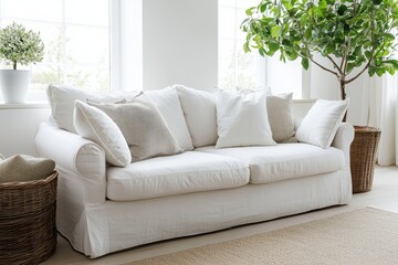 Aufkleber - Serene living room featuring a comfortable white sofa with pillows, a woven basket, and a green plant creating a cozy and inviting atmosphere