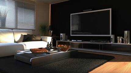 Poster - A modern, sleek living room with a white sofa, a stylish coffee table, and a large TV screen, all set against dark walls for a contemporary, cozy atmosphere.