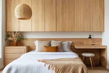 Poster - Serene bedroom interior featuring natural wood cabinetry bedside table and woven pendant light creating a cozy and minimalist aesthetic with a calming ambiance