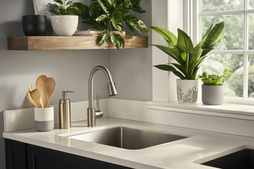 Poster - Serene kitchen interior featuring stainless steel faucet sink wooden utensils and vibrant plants creating a refreshing and inviting atmosphere with natural light