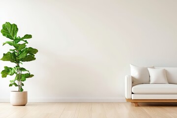 Poster - Serene Living Room Interior with Fiddle Leaf Fig Tree and White Sofa Against a Minimalist Wall for Home Decor Inspiration