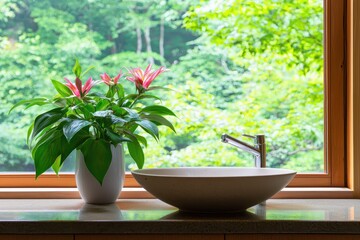 Aufkleber - Serene bathroom interior featuring a modern sink, faucet, and a vibrant potted plant against a lush green forest backdrop creating a tranquil and inviting atmosphere