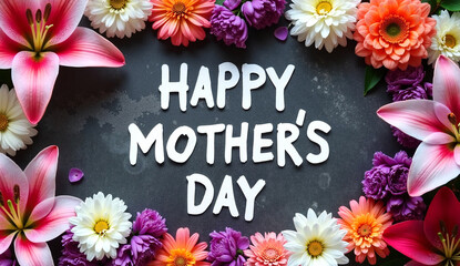  Spring season still life with Happy Easter greeting holiday script over dark blackboard background texture with beautiful colorful white