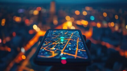 Leinwandbilder - A phone showing the GPS location on a city map at night, with the urban skyline glowing in the background, highlighting the intersection of technology and navigation.