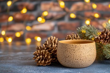 Aufkleber - Cozy holiday season still life with ceramic cup pinecones and blurred festive lights on brick wall background for stock photography