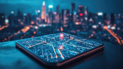 Leinwandbilder - A phone showing the GPS location on a city map at night, with the urban skyline glowing in the background, highlighting the intersection of technology and navigation.