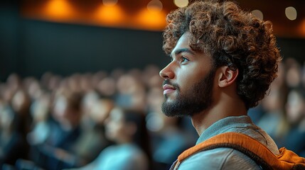 Poster - rear view of a diverse audience engaged in listening to a speaker delivering a presentation at a business conference hall
