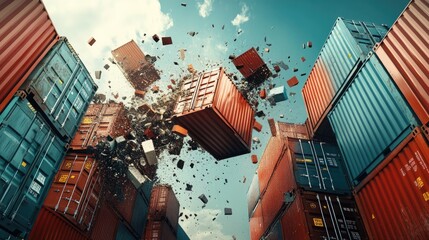 Poster - A powerful, dramatic clash of shipping containers from China and the US, bursting apart in mid-air, symbolizing the global economic battle.