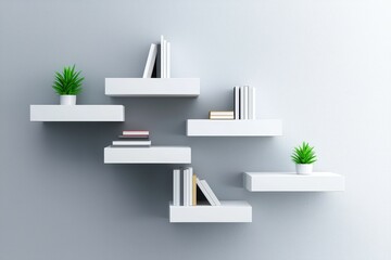 Poster - Minimalist Home Decor Featuring Floating Shelves with Books and Plants Against a Gray Wall in a Modern Interior Design