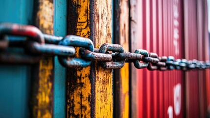 Poster - A powerful visual of a chain blocking colorful cargo containers, symbolizing disruptions in global trade and the impact of economic sanctions and trade wars.