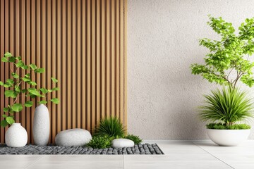 Aufkleber - Serene interior featuring natural elements like wood paneling, stone vases, and lush green plants creating a zen atmosphere for relaxation
