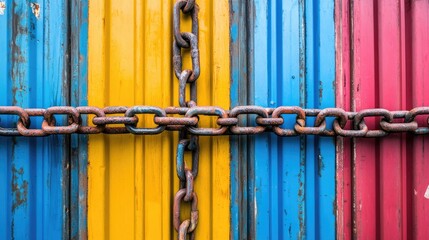 Poster - A powerful visual of a chain blocking colorful cargo containers, symbolizing disruptions in global trade and the impact of economic sanctions and trade wars.