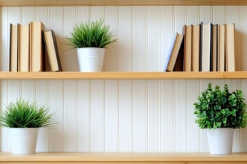 Poster - Cozy Shelves with Books and Green Plants in White Pots a Serene Home Interior Displaying Simplicity and Warmth with a Natural Light Aesthetic