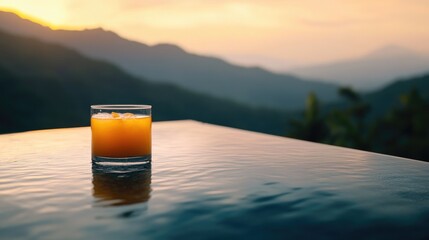 Poster - A refreshing orange juice placed on the edge of an infinity pool, overlooking a serene mountain landscape, capturing the essence of luxury and relaxation