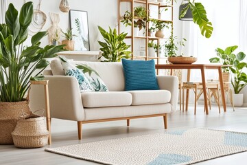 Aufkleber - Serene living room interior with cozy sofa lush plants wooden furniture and natural light creating a calming and inviting space for relaxation