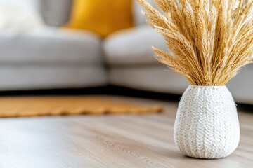 Poster - Elegant wheat arrangement in a knitted vase on a wooden floor creating a cozy and inviting interior scene with natural light and soft focus