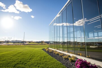 Poster - Modern architecture reflecting blue sky and clouds on a sunny day with green grass and vibrant flowers in the foreground