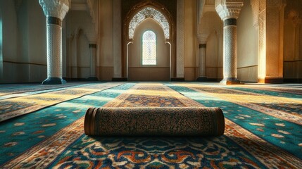 Poster - A rolled prayer rug lying on a patterned carpet inside a mosque, capturing the tranquility and spiritual atmosphere of the sacred space.
