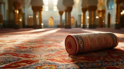 Poster - A rolled prayer rug lying on a patterned carpet inside a mosque, capturing the tranquility and spiritual atmosphere of the sacred space.