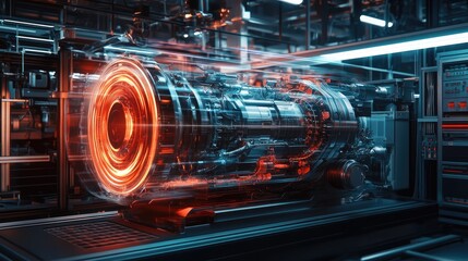 Poster - A rotating holographic engine, projected in a modern factory setting, showcasing the future of automotive technology with dynamic colors and details.