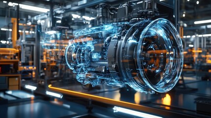 Poster - A rotating holographic engine, projected in a modern factory setting, showcasing the future of automotive technology with dynamic colors and details.