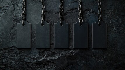 Poster - A row of blank black square tags hanging on a chain, set against a textured dark stone background, creating an industrial and minimalist vibe.