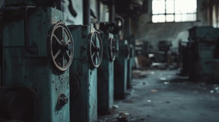 Poster - A row of old industrial machines in an abandoned factory, standing motionless in the dim light, showcasing the passage of time and forgotten technology.