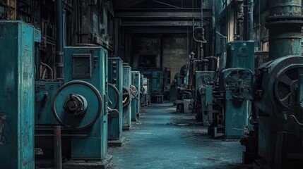 Poster - A row of old industrial machines in an abandoned factory, standing motionless in the dim light, showcasing the passage of time and forgotten technology.