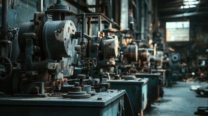 Poster - A row of old industrial machines in an abandoned factory, standing motionless in the dim light, showcasing the passage of time and forgotten technology.