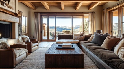 Aufkleber - A rustic-modern living room in rich brown tones, featuring wooden elements and cozy furniture, blending contemporary and rustic charm.